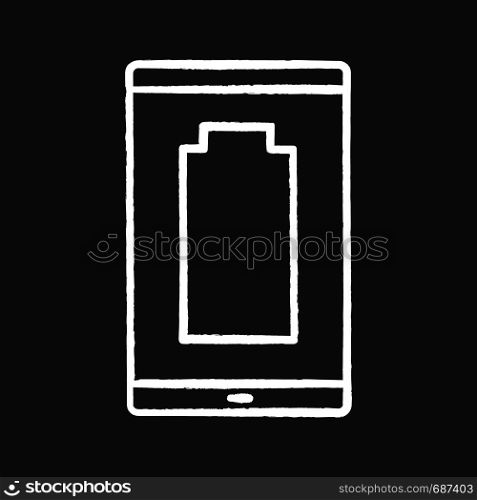 Discharged smartphone chalk icon. Mobile phone low battery. Empty battery level indicator. Isolated vector chalkboard illustrations. Discharged smartphone chalk icon