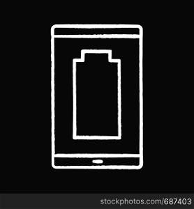 Discharged smartphone chalk icon. Mobile phone low battery. Empty battery level indicator. Isolated vector chalkboard illustrations. Discharged smartphone chalk icon