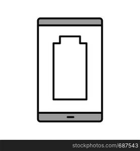 Discharged smartphone color icon. Mobile phone low battery. Empty battery level indicator. Isolated vector illustration. Discharged smartphone color icon