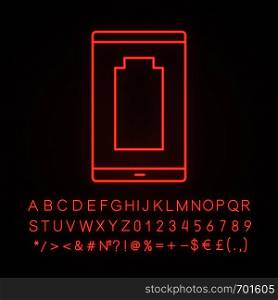 Discharged smartphone neon light icon. Mobile phone low battery. Empty battery level indicator. Glowing sign with alphabet, numbers and symbols. Vector isolated illustration. Discharged smartphone neon light icon