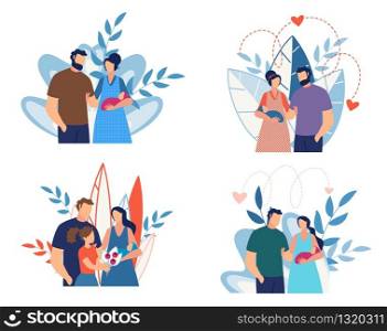 Discharging from Maternity Hospital Cartoon Set. Happy Family with Newborn. Mother Holds Infant on Hands. Husband Greeting Wife. Eldest Children Congratulate with Baby Birth. Vector Flat Illustration. Discharging from Maternity Hospital Cartoon Set