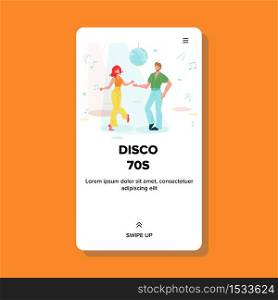 Disco 70s Dancing Couple Club Dance Floor Vector. Young Man And Woman Disco 70s Dancers And Sound Notes On Background. Characters Active Motion Lifestyle Web Flat Cartoon Illustration. Disco 70s Dancing Couple Club Dance Floor Vector