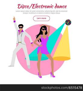 Disco and Electronic Dance Conceptual Banner. Disco and electronic dance conceptual banner in flat design. Dance music,club music. Party and dancer, couple and entertainment, event fashion, music nightlife and popular leisure illustration. Vector