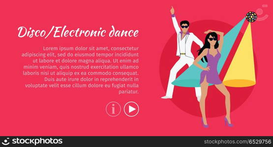 Disco and Electronic Dance Web Banner. Vector. Disco and electronic dance web banner. Electronic dance music, EDM, club music posters. Electronic music genre for nightclubs, raves, and festivals. Produced for playback by disc jockeys. Vector