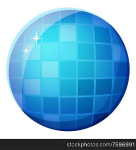 Disco ball element of entertainment, shiny nightclub equipment, glitter round shape, retro party object with rays, blue discotheque mirror-ball vector. Discotheque Mirror Ball, Shiny Round Shape Vector