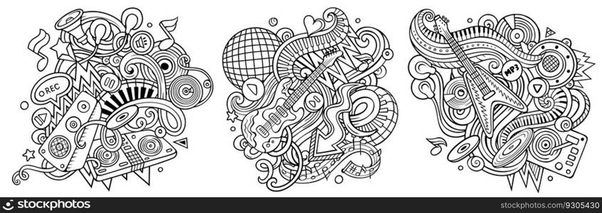 Disco music cartoon vector doodle designs set. Sketchy detailed compositions with lot of musical objects and symbols. Disco music cartoon vector doodle designs set.