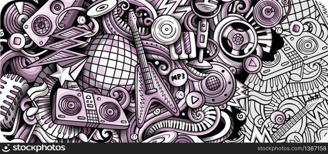 Disco Music hand drawn doodle banner. Cartoon detailed flyer. Musical identity with objects and symbols. Monochrome vector design elements background. Disco Music hand drawn doodle banner. Cartoon detailed flyer.