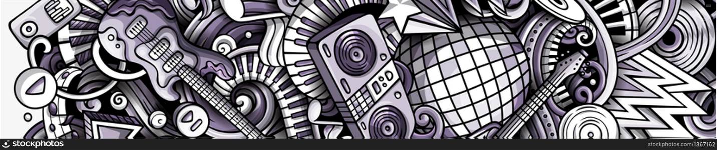 Disco Music hand drawn doodle banner. Cartoon detailed flyer. Musical identity with objects and symbols. Monochrome vector design elements background. Disco Music hand drawn doodle banner. Cartoon detailed flyer.