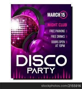 Disco music party poster background Dance night. Techno house disco music brochure. realistic vector illustration. Disco music party poster background