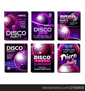 Disco music party poster background set Dance night. Abstract disco music club flyer. Event template. Dj retro party light. Neon banner. Show card. Fashion concert. Pink realistic vector illustration. Disco music party poster background set
