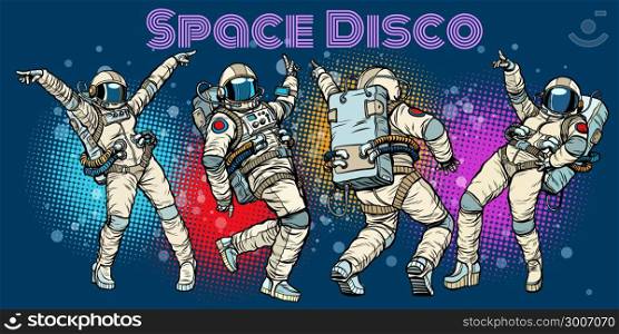 Disco party astronauts dancing men and women. Pop art retro comic book vector cartoon hand drawn illustration. Disco party astronauts dancing men and women