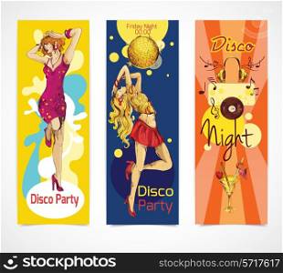 Disco party colored sketch vertical banners set with young sexy dancing girls isolated vector illustration