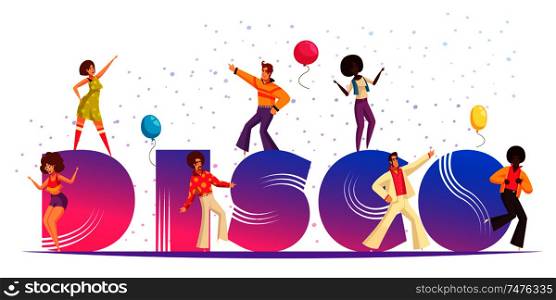 Disco party concept with retro celebration symbols flat vector illustration