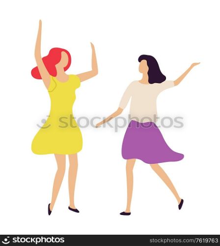 Disco party for women, night life of clubbers. Vector people wearing dresses having fun in club. Partying ladies dancing and moving, girlfriends best friends. Disco Party Women, Night Life of Clubbers. Vector