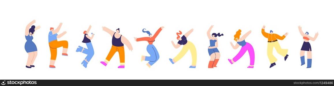 Disco Party Group Dancing People Horizontal Banner Template. Advertisement, Promotion Dance Music Festival Challenge. Creative Banner Flat Vector Illustration Happy Moving Man Woman Cartoon Dancers. Disco Party Group Dancing People Horizontal Banner