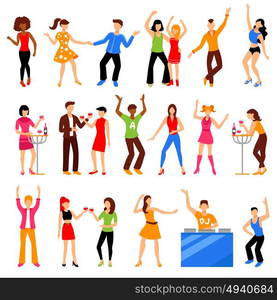 Disco Party Icons Set. Dancing and drinking people at disco party icons set flat isolated vector illustration