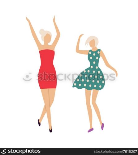 Disco party of women vector, people wearing dresses having fun in club, night life of clubbers. Partying ladies dancing and jumping, moving girlfriends. Dancing People in Club, Women Having Fun Disco