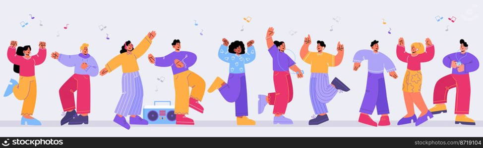 Disco party with happy people dance to music from boombox, player and headphones. Vector flat illustration of excited men and women enjoy music, have fun and dance. Disco party with happy people dance to music