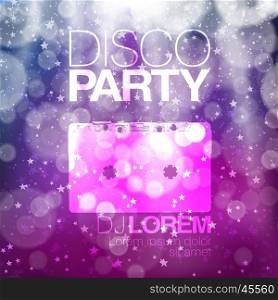 Disco poster or flyer design vintage vector template on colorful neon background. Violet pink background. Retro vector background. Disco background