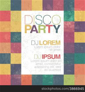 Disco poster or flyer design vintage vector template on colorful squary background