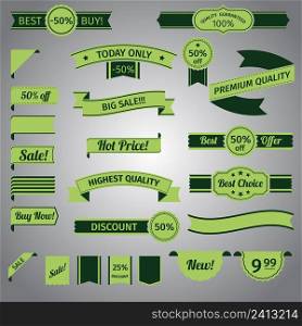 Discount advertising retro green ribbon set isolated vector illustration