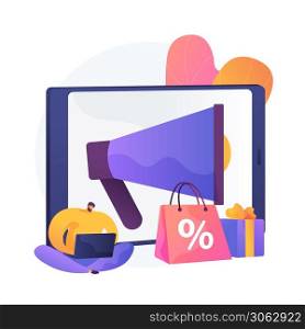 Discount advertising. Shopping event promotion, mobile market, customer attraction. Smm manager cartoon character. Adman working with computer. Vector isolated concept metaphor illustration. Sales promotion vector concept metaphor