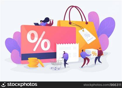 Discount and loyalty card, loyalty program and customer service, rewards card points concept. Vector isolated concept illustration with tiny people and floral elements. Hero image for website.. Discount and loyalty card vector illustration.