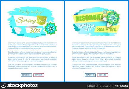 Discount and new offer, spring sale labels with flowers, 30 and 15 percent off. Vector web posters templates, advertising vouchers with info about price off. Discount and New Offer, Spring Sale Labels Flowers
