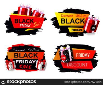Discount and offer on black friday autumn holiday vector. Banners with presents boxes and gifts. Price reduction. Discount and Offer on Black Friday Autumn Holiday