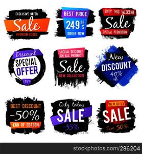 Discount and price tag, sale banners with grange brushed frames and distressed textures vector set. Discount nad promotion label sale illustration. Discount and price tag, sale banners with grange brushed frames and distressed textures vector set