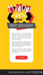 Discount and products, 25 percent sale vector web site template. Present boxes bought in shops and stores, promotion and propositions special offers. Discount and Products, 25 Percent Sale Vector Page