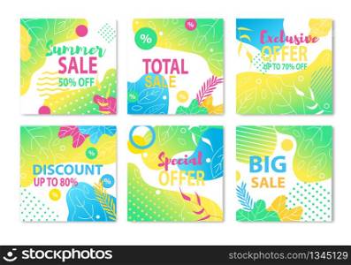 Discount and Sales Offers Colorful Flat Cards Set. Summer Total, Big, Special and Exclusive Sell-out up to 50, 70, 80 Percent. Shop, Tour Agency Ad Flyers. Vector Flat Illustration with Exotic Foliage. Discount and Sales Offers Colorful Flat Cards Set