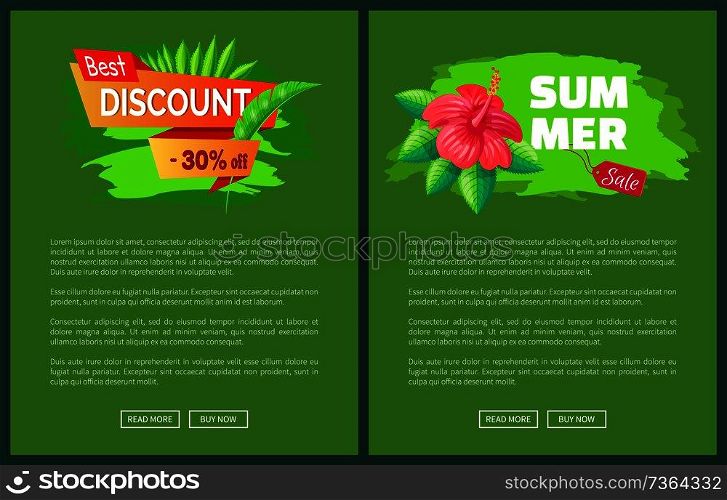 Discount best price summer sale emblems exotic pink flower with stroke, advertisements and tropical leaves, posters vector online web pages isolated on green. Summer Sale Emblems Exotic Pink Flower Web Posters