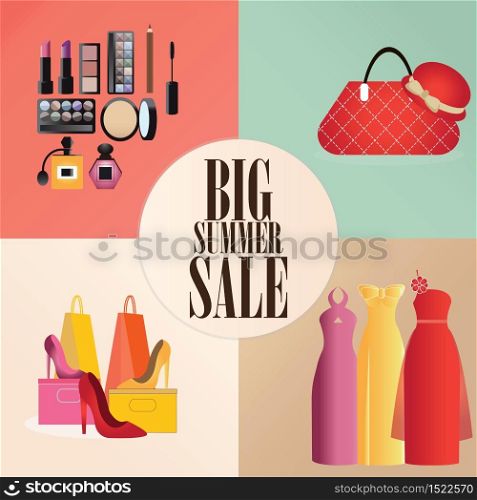 Discount big summer sale set with clothes, bag,shoes and Makeup, shopping design concept flat icons vector illustration.