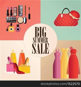 Discount big summer sale set with clothes, bag,shoes and Makeup, shopping design concept flat icons vector illustration.