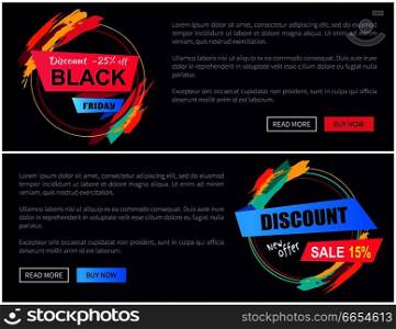 Discount black friday -15  off, pages with blue and pink buttons, given information and colorful stickers with brush strokes isolated vector. Discount Black Friday -15  Vector Illustration