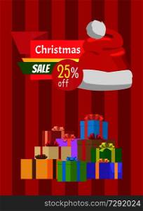 Discount Christmas sale poster Santa Claus hat on promo label with dollar sign, piles of gift boxes on striped background vector banner with presents. Discount Christmas Sale Poster Santa Claus Hat Box