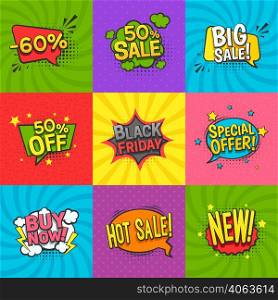 Discount comic labels set with special offer symbols flat isolated vector illustration. Discount Labels Set