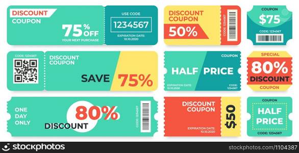 Discount coupon. Half price offer, promo code gift voucher and coupons template. Premium special price offers sale coupon or best promo retail pricing vouchers. Isolated vector icons set. Discount coupon. Half price offer, promo code gift voucher and coupons template vector set