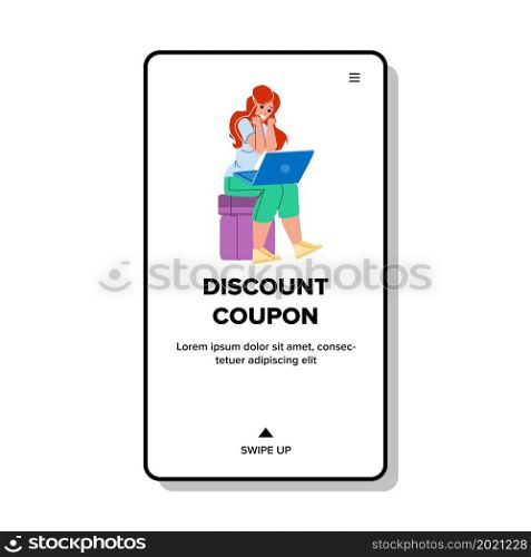 Discount Coupon Using Young Woman Shopper Vector. Happy Girl Getting Discount Coupon Present From Store For Making Purchase Or Buying Service. Character Web Flat Cartoon Illustration. Discount Coupon Using Young Woman Shopper Vector