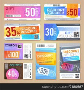 Discount coupons and gift vouchers. Vector promotional materials templates. Banner offer, special certificate, sale price tag illustration. Discount coupons and gift vouchers. Vector promotional materials templates