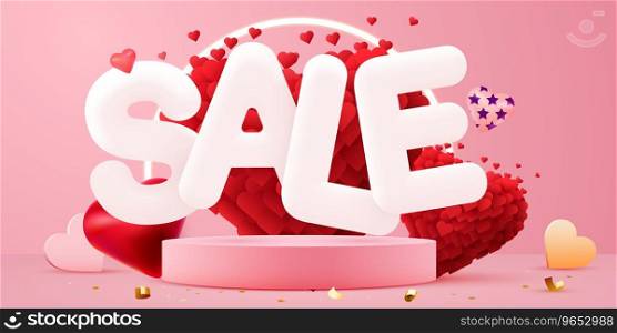 Discount creative composition. 3d sale symbol with decorative objects. Valentine’s day promo. Sale banner and poster. Vector illustration.. Discount creative composition. 3d sale symbol with decorative objects. Valentine’s day promo. Sale banner and poster.