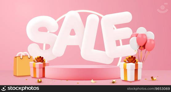 Discount creative composition. Sale symbol with decorative objects, balloons, golden confetti, podium and gift box. Sale banner and poster. Vector illustration.. Discount creative composition. Sale symbol with decorative objects, balloons, golden confetti, podium and gift box. Sale banner and poster.