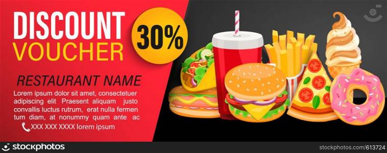 Discount gift voucher with 30 percent price off for restaurans. Fast food coupon or certificate with pizza, hot dog, fries, coffee, burger, donut and ice cream and space for text.Flyer template.Vector. Discount gift voucher with 30 percent price off.