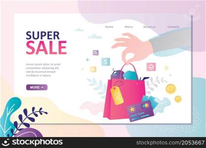 Discount label on packet with different clothes. Hand holds packet with garment. Super sale landing page template. Paper bag with t-shirts and shoes. Shopping goods with discount. Vector illustration. Discount label on packet with different clothes. Hand holds packet with garment. Super sale landing page template.