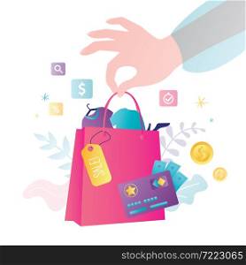 Discount label on packet with different clothes. Hand holds packet with garment for sale. Paper bag with t-shirts and shoes. Shopping goods with discount card. Trendy flat vector illustration. Discount label on packet with different clothes. Hand holds packet with garment for sale. Paper bag with t-shirts and shoes