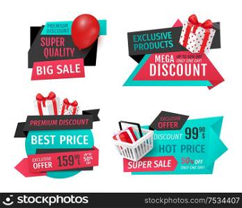 Discount labels with promo prices vector templates. Promo stickers with gift boxes, wrapped in paper, balloon and cart vector exclusive offer emblems. Discount Labels with Promo Prices Vector Templates