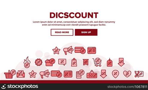 Discount Landing Web Page Header Banner Template Vector. Percent Sign With Present Box And Heart, GPS Mark And Text Box Frame, Star And Scissors Discount Illustration. Discount Landing Header Vector