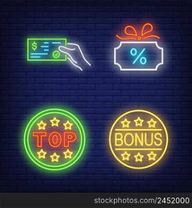 Discount neon sign set. Glowing gift card, coupon, top and bonus words. Colorful billboard, bright banner. Vector illustration in neon style for online shopping, sale, promotion