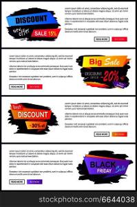 Discount new offer 15% black Friday, web pages collection with headlines placed on ribbons, text and buttons on vector illustration. Discount New Offer 15% Friday Vector Illustration